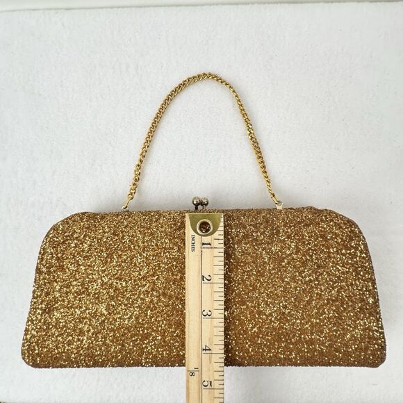 Gold Glitter Clutch Handbag Kiss Lock Evening Wedding Prom Glam Old Hollywood - Picture 9 of 13